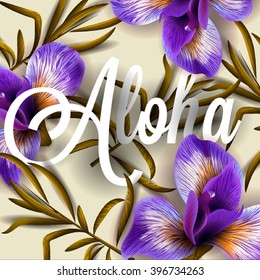 Pattern with watercolor flowers. Iris. Orhid. Vector. Hand drawn.