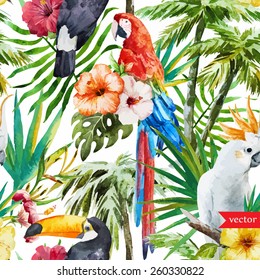 pattern, watercolor, flowers, tropical, jungle, toucan, macaw, parrot, magnolias, palms