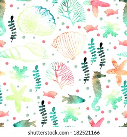 Pattern with watercolor marine motifs. Seamless pattern