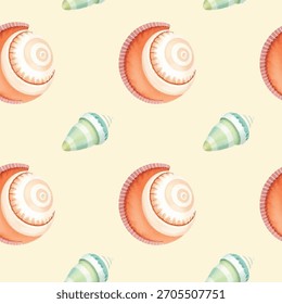 Patrón de conchas marinas de acuarela, diferentes Formas y tamaños. Decoración marina, colores pastel suaves, detalles marinos, aislado en fondo blanco, Vector