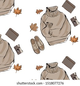 Pattern watercolor sweater, shoes, leaf, notebook, vintage camera. 