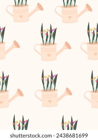 Pattern watering can with flowers on pink background.
