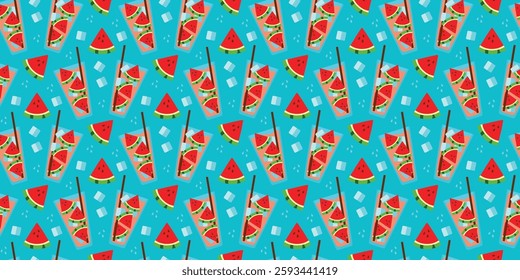 Pattern of Watermelon Juice in glass, Pieces of fruit with ice cubes on blue background. Seamless print refreshing cold summer Lemonade. Drink in transparent cup with straw. Drops. Vector illustration