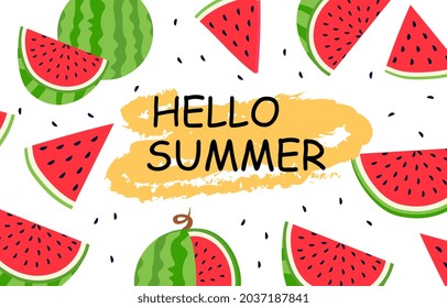 Pattern of watermelon. Many slices, seamless. Pictures for printing on fabric. Stylish wallpaper. Healthy food, fruits, summer delicacy. Flat vector illustration isolated on white background