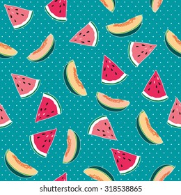  pattern of watermelon and melon on turquoise seamless background with polka dot
