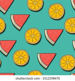 Pattern Watermelon and Orange blue background. Vector Illustration