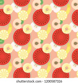 Pattern with watermelon, pineapple, banana, peach, apple, orange and kiwi. Fresh fruit halves pattern