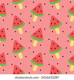 Pattern of Watermelon Popsicles in Red Background with Seeds. Seamless Link.