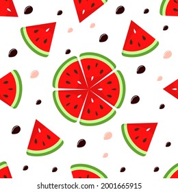 Pattern from watermelon is seamless. Juicy and sweet slices of watermelon are a symbol of a bright summer. For the design of fabric, wrapping paper, packaging, postcards, wallpaper. Vector, isolated.