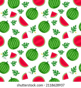 Pattern of watermelon and watermelon slices. For background, wallpapers, banners, wrapping paper, textiles, postcards. Simple flat vector illustration