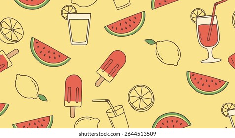 A pattern of watermelon slices, lemonade in glasses with straws, lemons, and two-toned popsicles on a light yellow background.