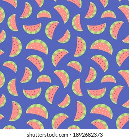 
A pattern of watermelon slices on a blue background. Watermelon pattern. Vector illustration