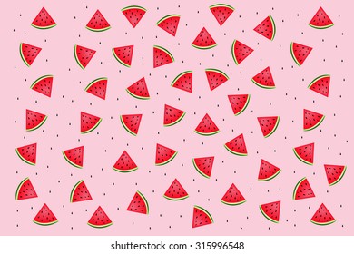 Pattern of watermelon slices and seeds on pink background.