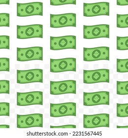 Pattern of Waves banknotes on transparent background with mini doodle (icon) and green color. Vector Illustration