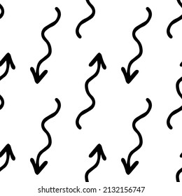 un patrón de flechas onduladas. un patrón sin fisuras de FLECHAS curvas dibujadas a mano en el estilo de garabatos con una onda curva geométricamente en diferentes direcciones de flechas negras sobre blanco para un diseño 