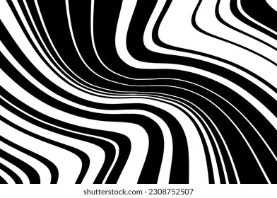 Pattern with wavy, curves lines. Wave design black and white. Optical art background. Digital image with a psychedelic stripes. Vector illustration  