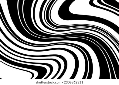 Pattern with wavy, curves lines. Wave design black and white. Optical art background. Digital image with a psychedelic stripes. Vector illustration  