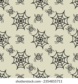 A pattern with a web and a spider. Vector seamless pattern with spiders and cobwebs.  Design template for wallpaper, textiles, posters, T-shirts, Halloween gifts.