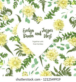 Pattern for wedding invitation, valentine, postcards, posters, save the date. Watercolor vector heart frame with flowers of yellow dahlia, fern leaf, branch of boxwood and eucalyptus on white 