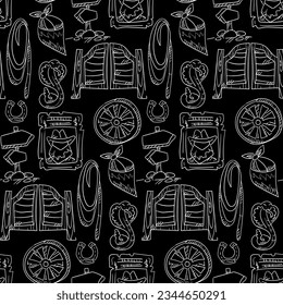 A pattern of western elements in a contour style on a black background. Doors, snake, lasso, bandana, direction indicator, wheel, horseshoe, search and other details. Packing for the party