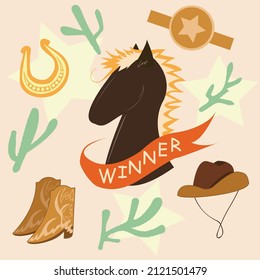 Pattern with western thematic. Wild west. Horse and accessories. Winner.