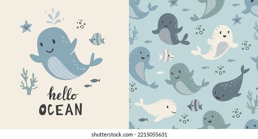 Сhildish pattern with whale, kids print. Seamless background with sea animals, cute vector texture for baby bedding, fabric, wallpaper, wrapping paper, textile, t-shirt print