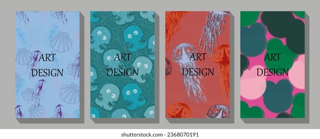  Pattern with whale, octopus, sea crab, starfish, jellyfish and other fishes in flat design.   Marine life. Sea anima Vector Inhabitants. 