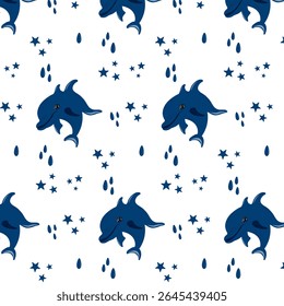 Pattern with whale on white background, cute whale and blue water drops seamless pattern