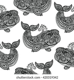 Pattern with whale in paisley doodle mehndi style. Hand drawn illustration with whale. Wallpaper seamless textile. Animal in the sea and ocean for kids. Cute animals.