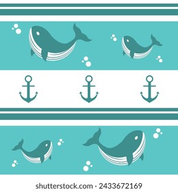 Pattern of whales, anchors and bubbles. Cute decorative seamless design for wallpaper, fabric, textiles and backgrounds and kids bedrooms.