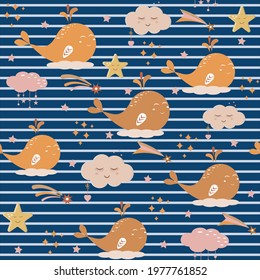 Pattern of whales and clouds on a dark blue striped background children's illustration color vector