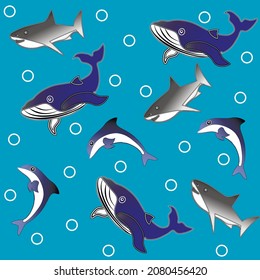 A pattern with whales, dolphins and sharks.
