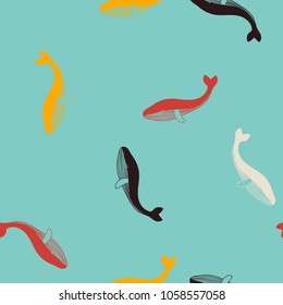 Pattern with whales. Yellow whales. White whales. Bordeaux and brown whales. Sea inhabitants of the pattern.