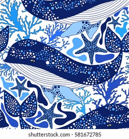 Pattern with whales.Seamless vector nautical print.Textile texture