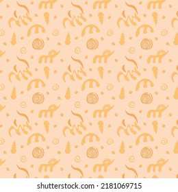 pattern. Wheat obstraktni. vector, ear, grain, stem, spirals. Scythian drawings. On a yellow-brown background. For use in the textile, paper, plastic industry. Modern design. For children's