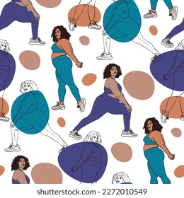 A pattern where a beautiful plump woman in a tracksuit does stretching. Contour, contour and color, the color of a large woman with spots on the background. Bodypositive female body. Printing on paper