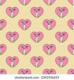 Pattern with Whippet dog with paws, Valentine's day wallpaper with hearts. Love heart with pet head holiday texture. Dog face looks out a Heart, Cartoon square cream background. St Valentine's 