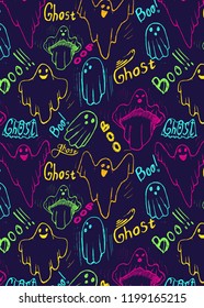 pattern with whisper ghost hand draw. Ghost character Costume evil or Character creepy funny cute. 