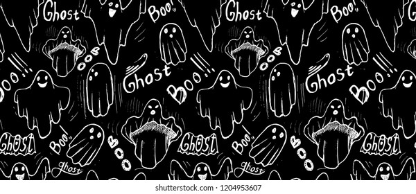 pattern with whisper ghost hand draw. Ghost character Costume evil or Character creepy funny cute. 
