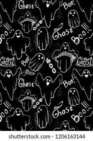 pattern with whisper ghost hand draw. Ghost character Costume evil or Character creepy funny cute. 