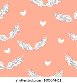 Pattern with white angel wings and hearts on a pink background. Seamless vector illustration for gift wrapping, romantic background.