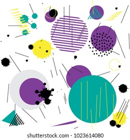 pattern with a white background and purple yellow turquoise circles and black lines