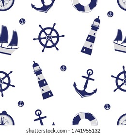 A pattern with a white background, which shows blue elements symbolizing the sea: a lifeline, an anchor, a compass, a ship, a lighthouse, a wheel. Seamless pattern, wall-paper.