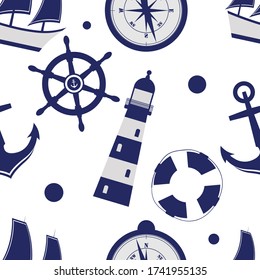 A pattern with a white background, which shows blue elements symbolizing the sea: a lifeline, an anchor, a compass, a ship, a lighthouse, a wheel. Seamless pattern, wall-paper.