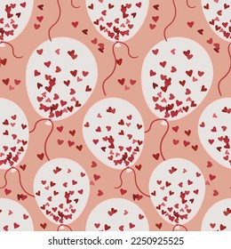 A pattern of white balloons with hearts. Frosted balls with hearts. Background for printing on textiles and paper. Gift wrapping for Valentine's Day. gift wrapping in the theme of Valentine's day