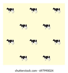 Pattern white, black cow on yellow background, vector illustration.