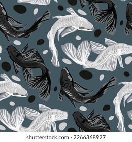 A pattern of white and black koi fish on a blue background with bubbles. Asian background, background design with abstract pattern in oriental Japanese style with koi fish. Carp swim in the water.