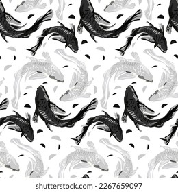 A pattern of white and black koi fish on a white background. Asian background, background design with abstract pattern in oriental Japanese style with koi fish. Carp swims in the water.