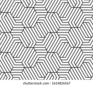 Pattern with white and black lines forming stylish ornamental backdrop. Seamless linear texture. Modern geometric background.
