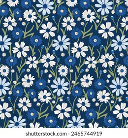 Pattern with white and blue flowers.Vector pattern with cornflowers and daisies on a blue background.